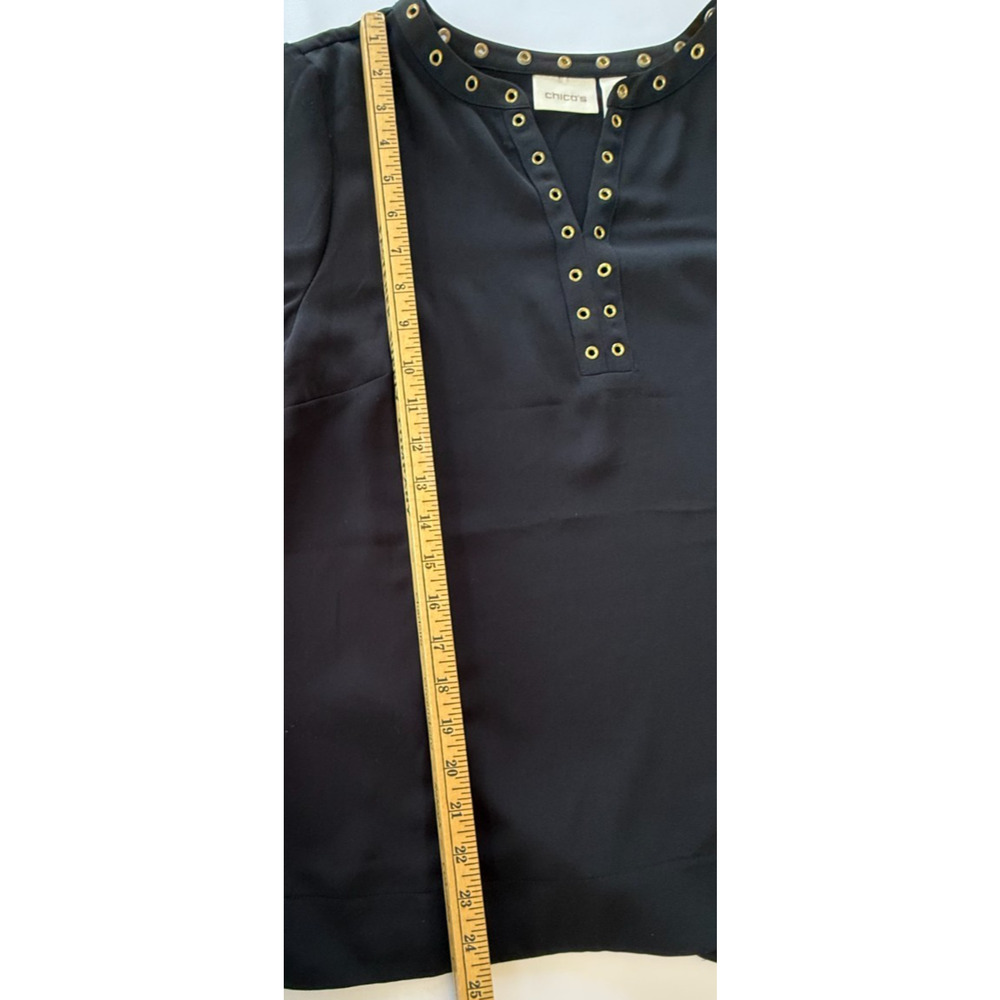 Chico’s Women’s Size 0 Small Black V-Neck Blouse Gold Grommet Trim 3/4 Sleeve - Picture 8 of 8